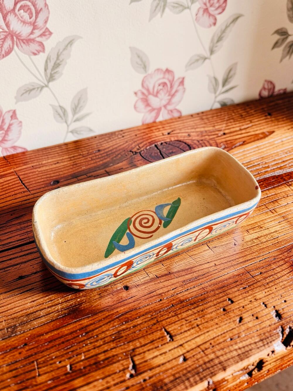 Vintage Mexican Pottery Trinket Dish Hand Painted Folk Art 7.5” Made Mexico